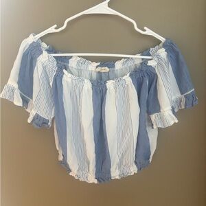 Ocean Drive Blue and White Smocked Ruffled Crop Blouse